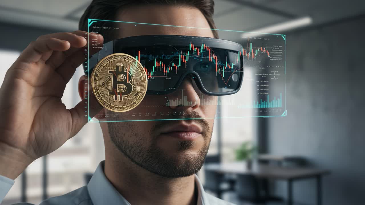 Innovative Cryptocurrency Trading: A Modern Investor Utilizing Augmented Reality Glasses to Monitor Bitcoin Market Trends and Financial Data Analysis