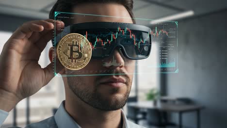 innovative cryptocurrency trading: a modern investor utilizing augmented reality glasses to monitor bitcoin market trends and financial data analysis