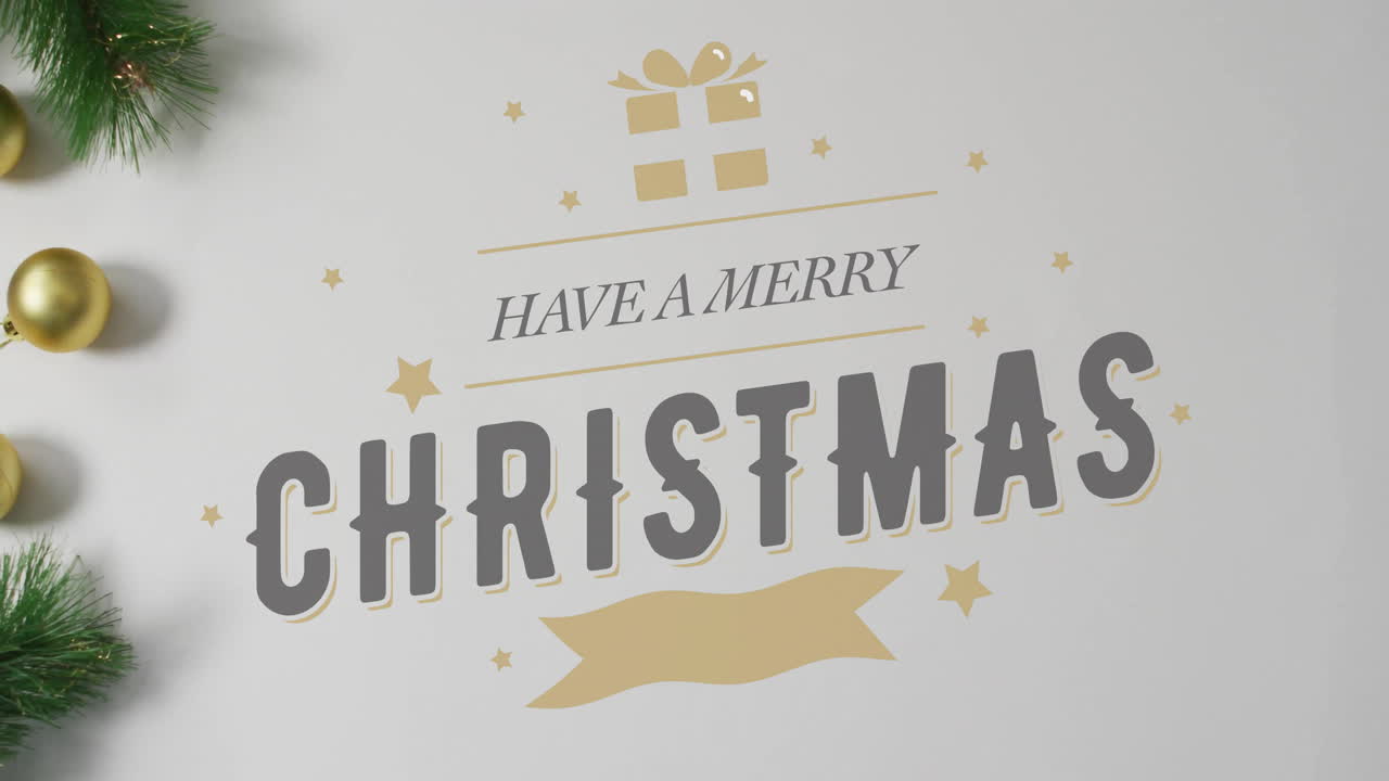 Have Merry Christmas text animation over holiday decorations with stars and gift box