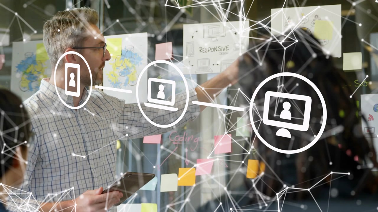 Three professionals collaborating on glass board, tech overlaying network icons and sticky notes