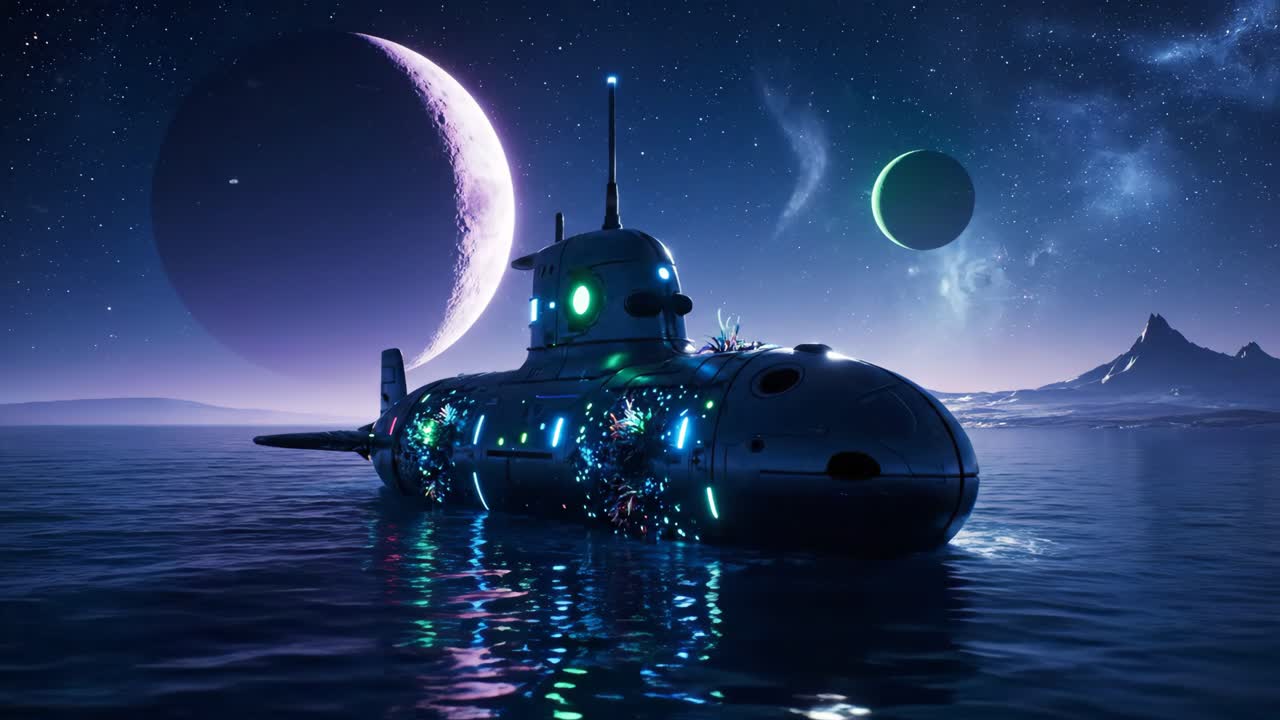 Submarine on an alien ocean at night
