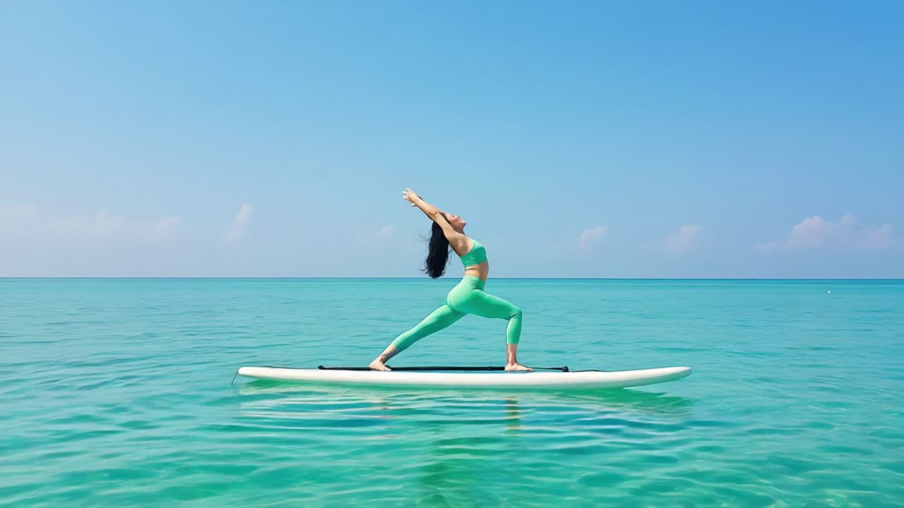 A Serene Yoga Pose on a Stand-Up Paddleboard Amidst Crystal Clear Waters and a Stunning Sky, Promoting Peace and Mindfulness in Nature