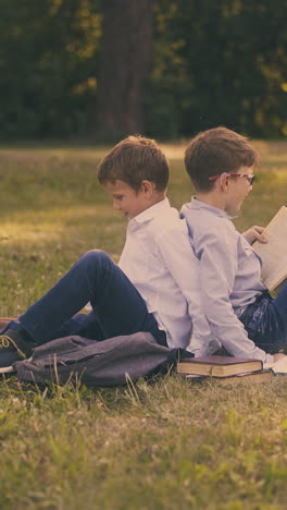 funny schoolboys in shirts jostle with backs holding textbooks on green grass in sunny and shady garden