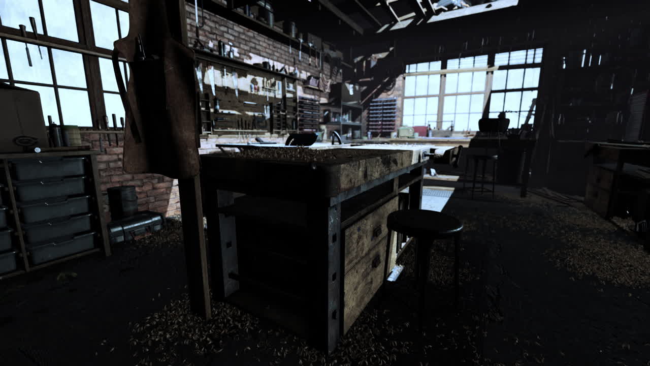 고대 도구와 함께 빈티지 와일드 웨스트 목수 가게 인테리어