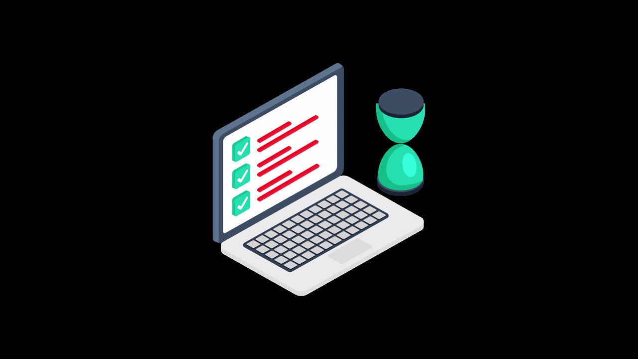 Isometric Animation of Laptop Displaying Checklist and Hourglass