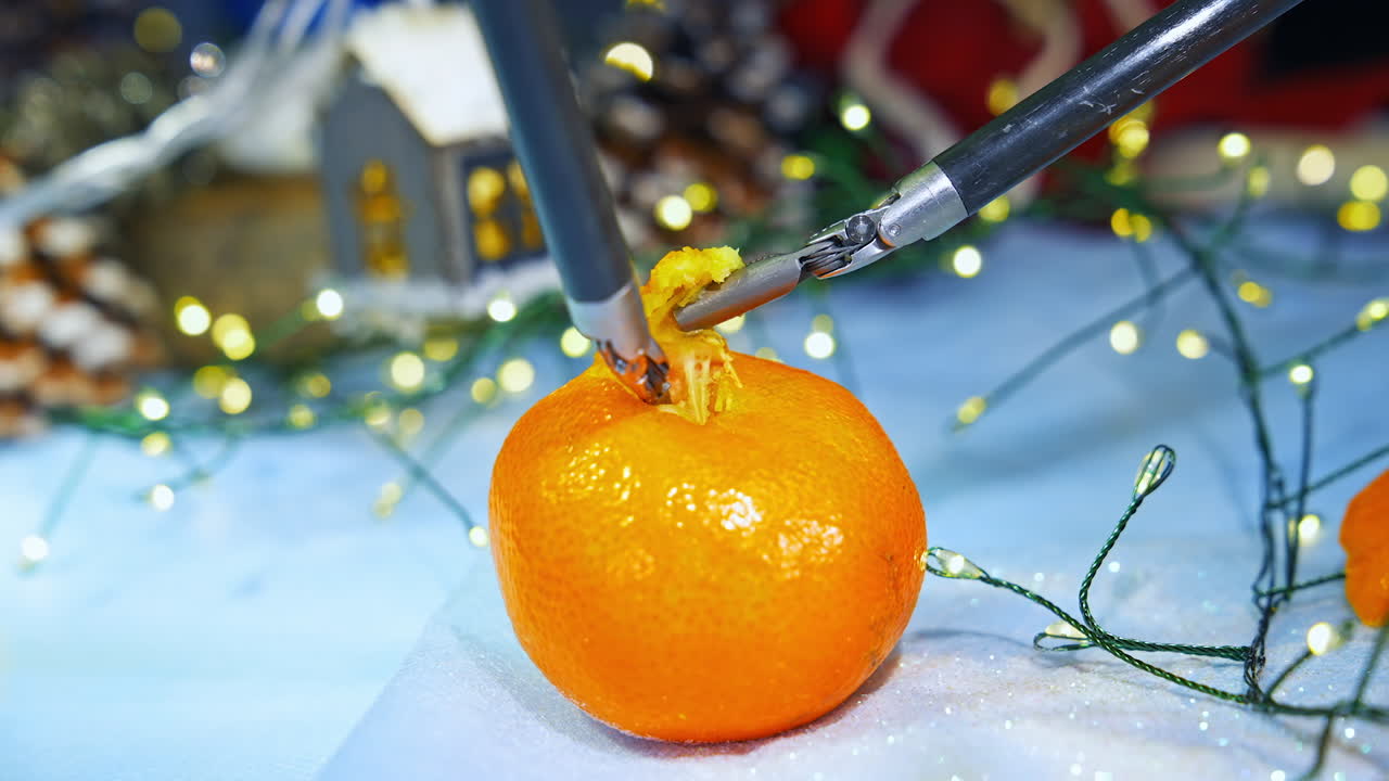 New technology for peeling tangerine at Christmas. New Year preparation with modern high-tech equipment. Close-up.