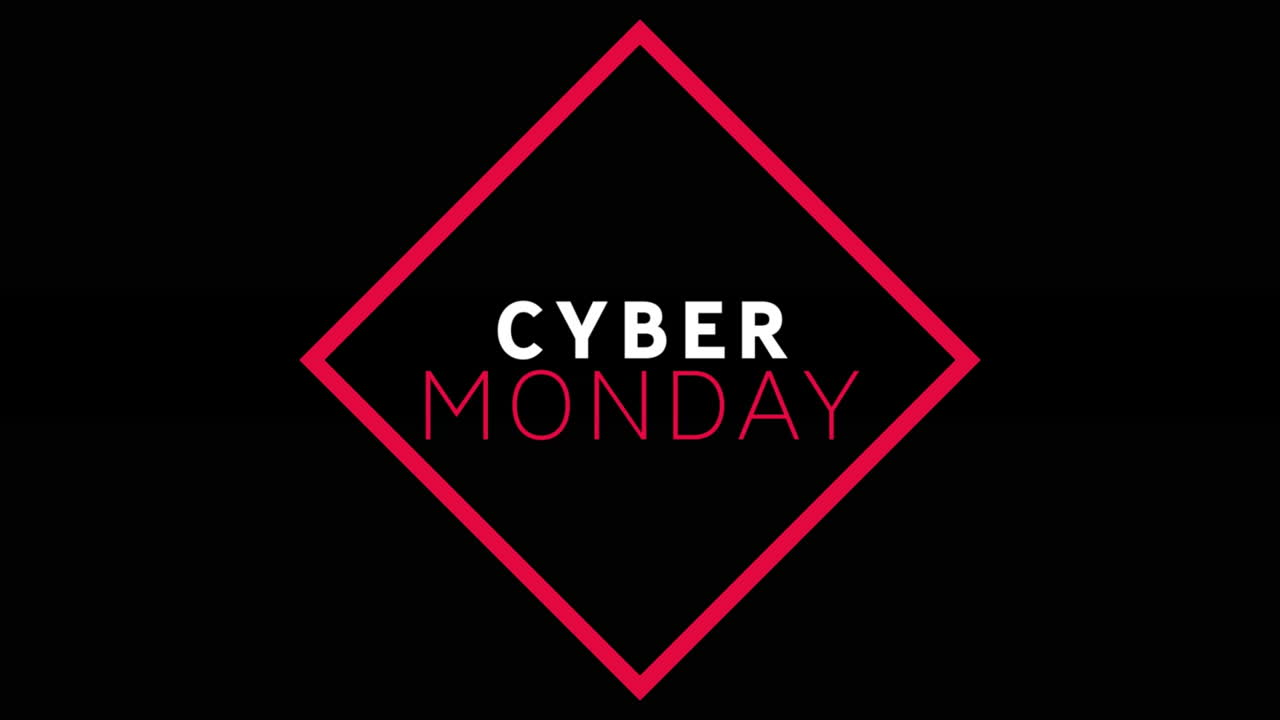 Animasi digital spanduk teks Cyber Monday dengan latar belakang hitam