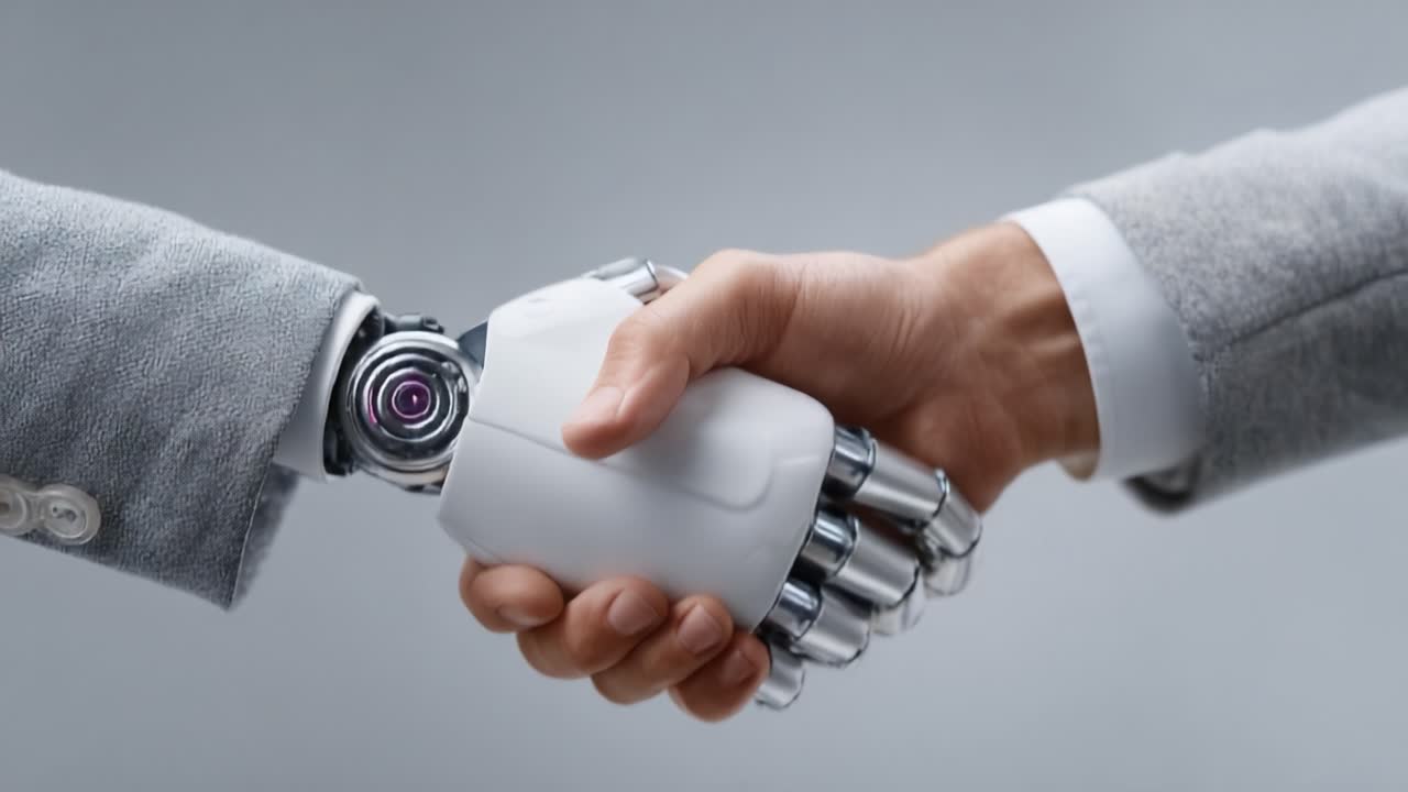 A Moment of Connection: Human and Robot Handshake Exemplifies the Fusion of Technology and Humanity in a Collaborative Future