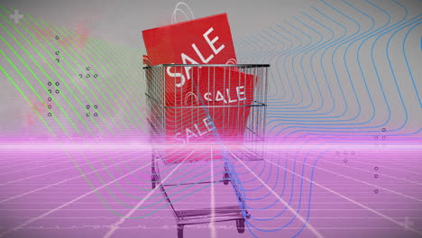 animation of shapes moving over bags with sale texts