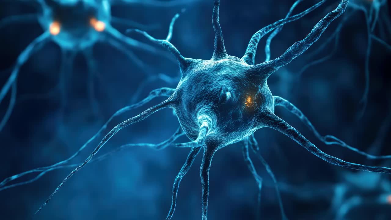 A close-up, high-angle video concept of glowing neurons, showcasing a futuristic, scientific style
