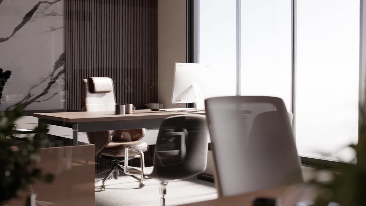 Rendering 3D di un ufficio moderno vuoto con monitor di computer