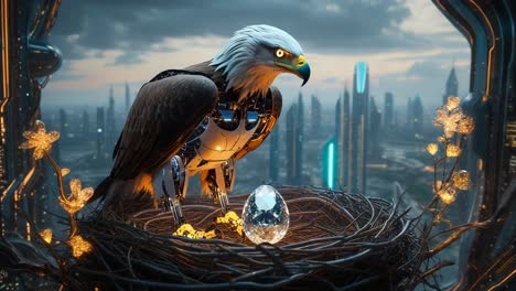 águila cibernética en un nido de ciudad futurista