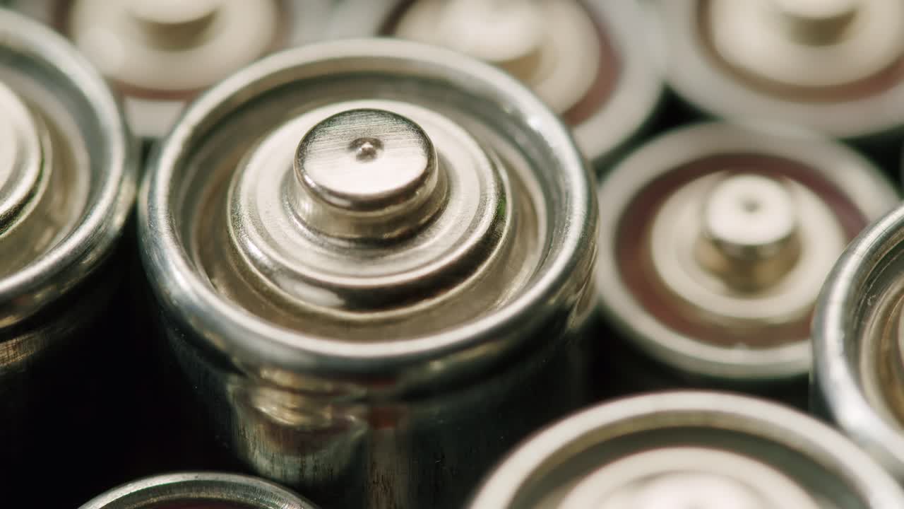 Silver batteries AA and AAA on black background close-up. Double-A battery is a standard size single cell cylindrical dry battery. Batteries are common in portable electronic devices. An AA battery is composed of a single electrochemical cell that may be either a primary battery or a rechargeable ba