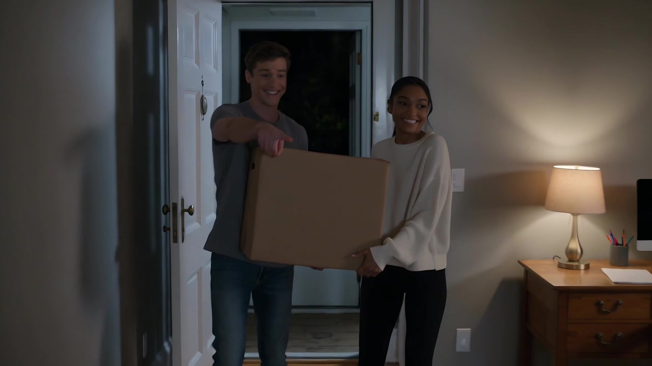 Entering open front door, couple in casual clothes carrying moving box to desk, bringing belongings