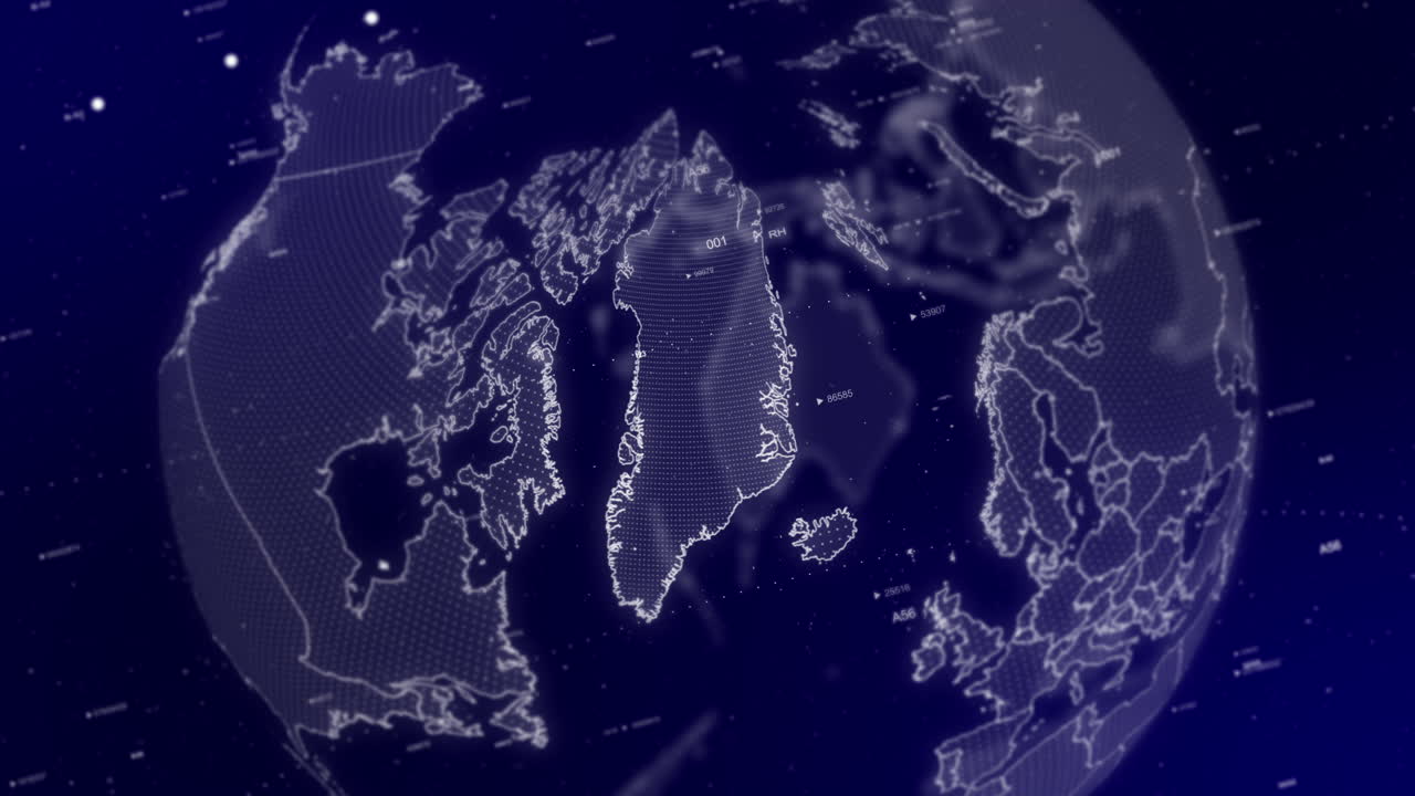 영화적 인 비디오 배경 은 그린란드 나라 를 확대 하여 회전 하는 디지털 지구 를 보여 줍니다