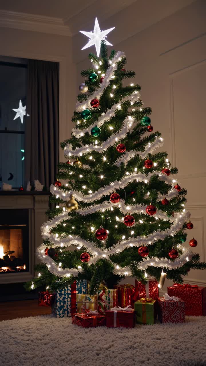 Festive Christmas tree adorned with lights and ornaments, shot from a low angle