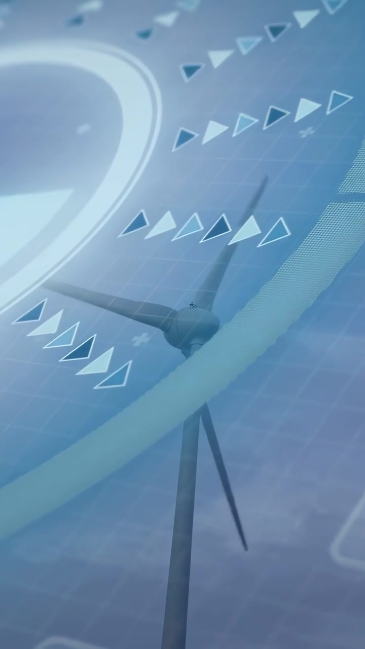 Vertical video: Turbine being animated by HUD pulse, rotating with arrows animating, showing data