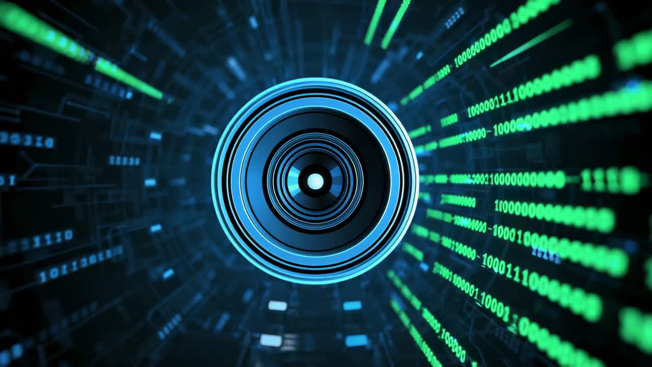 Opening data tunnel revealing optical lens rotating with pulsing rings and growing binary streams