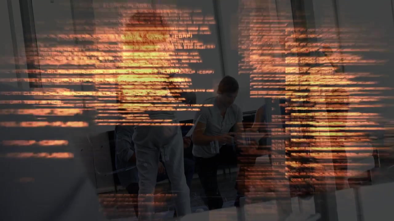 Discussion starting, orange code overlay appearing, team clustering around laptop, reviewing data