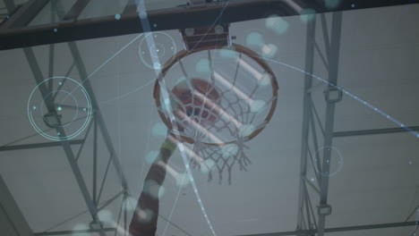 animation of dna strand, network of connections over basketball hoop