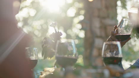 Amigos-Bebiendo-Vino-Haciendo-Tostadas-Celebrando-Una-Cena-Al-Atardecer-Sentados-En-La-Mesa-Charlando-Compartiendo-Estilo-De-Vida-Gente-Relajándose-Al-Aire-Libre