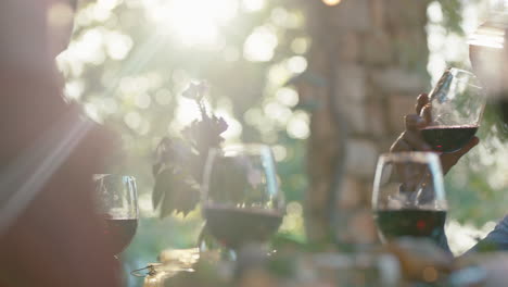 amigos bebiendo vino haciendo brindis celebrando una cena al atardecer sentados a la mesa charlando compartiendo estilo de vida personas relajándose al aire libre