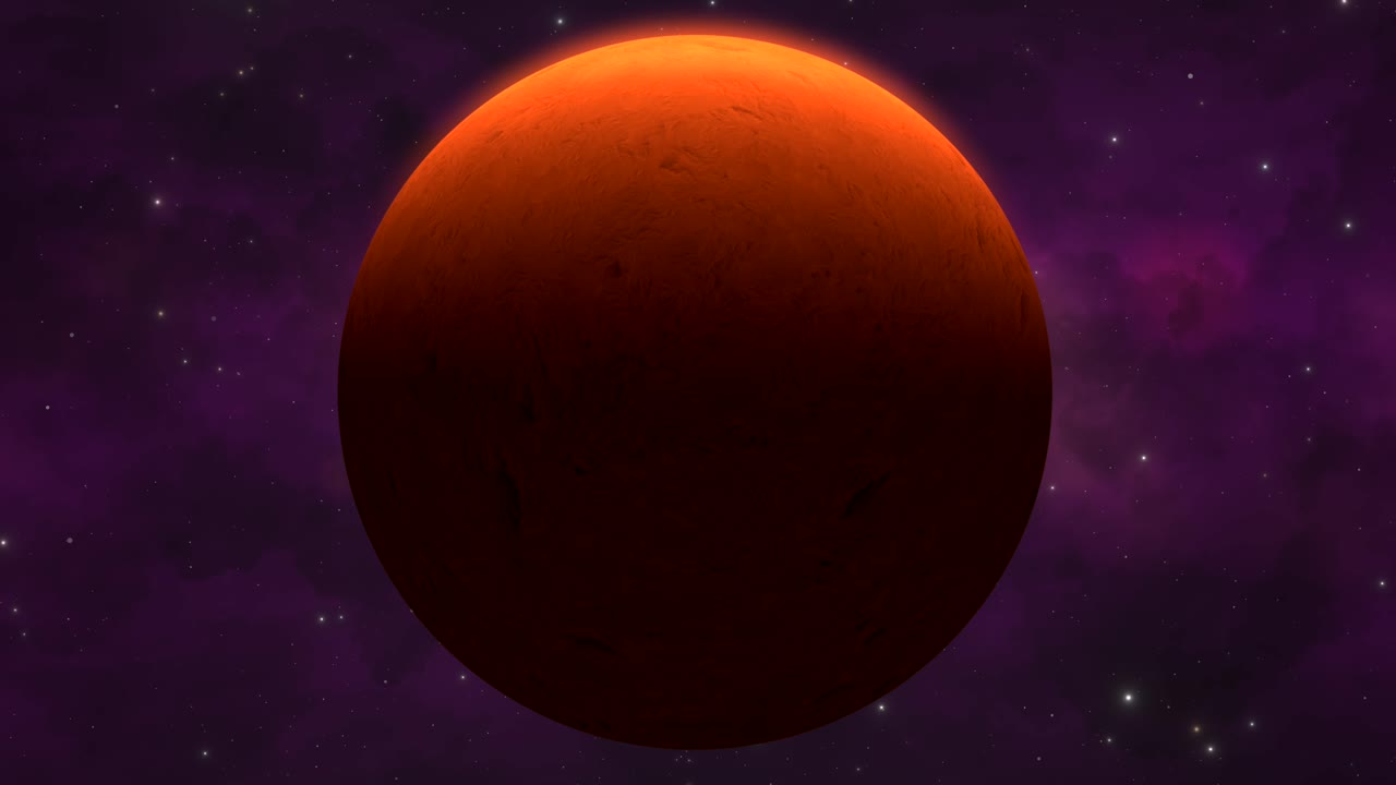 CGI close up of red planet floating in front the stars of a purple nebula in deep space, universe wide view