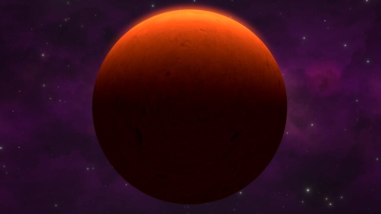 CGI close up of red planet floating in front the stars of a purple nebula in deep space, universe wide view