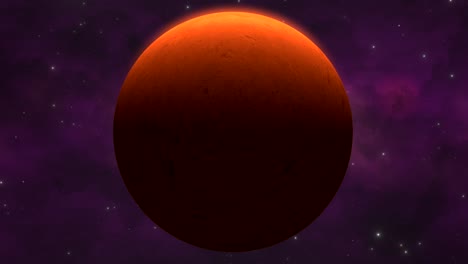 cgi primer plano del planeta rojo flotando frente a las estrellas de una nebulosa púrpura en el espacio profundo, vista amplia del universo