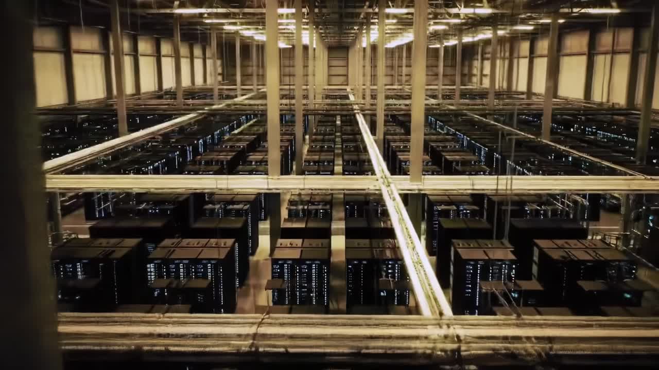 A massive data center showcases multiple rows of servers organized in a grid. The space is filled with cables and cooling systems, emphasizing the scale of modern technology.