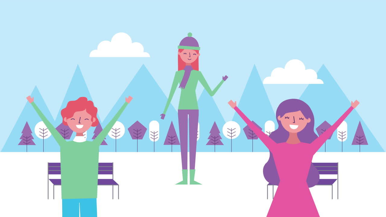 escena de paisaje nevado de invierno con mujeres y bosque