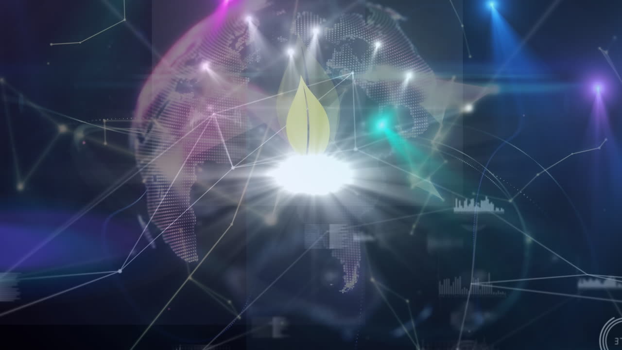 Animation of green leaf, network of connections over globe