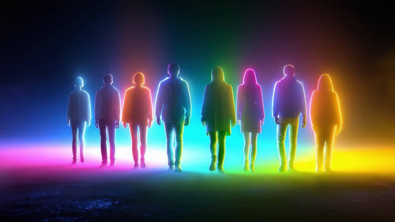 A group of individuals standing side by side, silhouetted against a vibrant neon background filled with colorful lights and fog, creating a striking and surreal visual effect that captivates the viewer