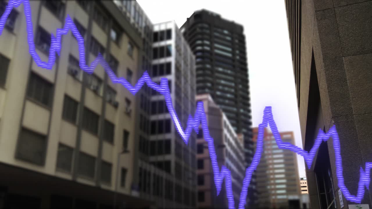 animación del procesamiento de datos financieros sobre el paisaje urbano