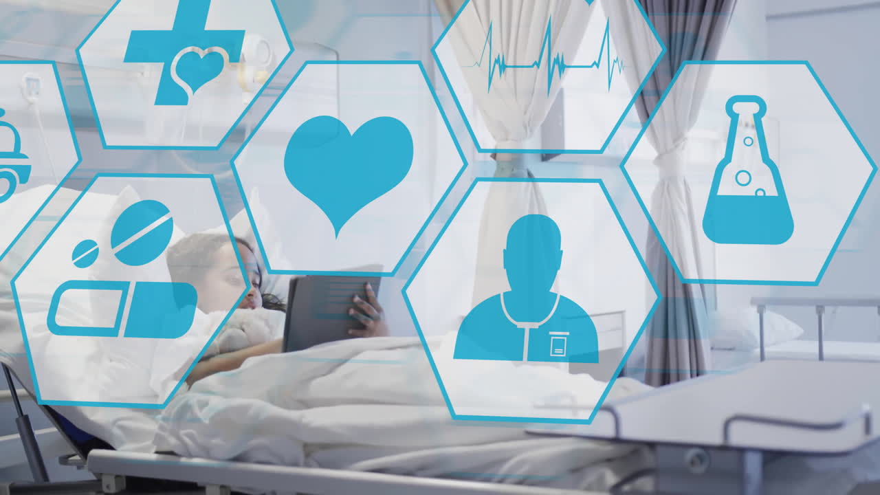 Animation of medical icons over biracial girl using tablet on bed in hospital
