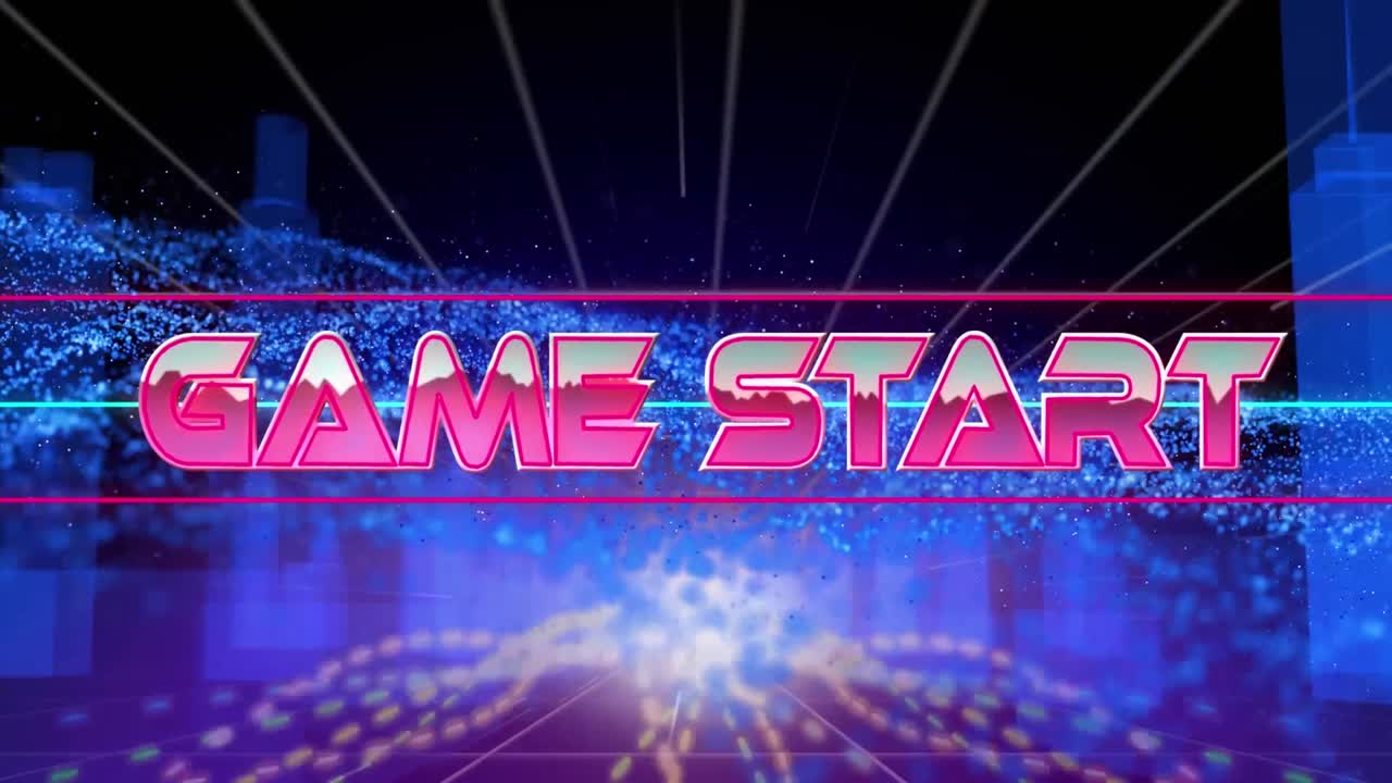 게임 시작 텍스트의 애니메이션과 디지털 시티에 대한 라이트 트레일.