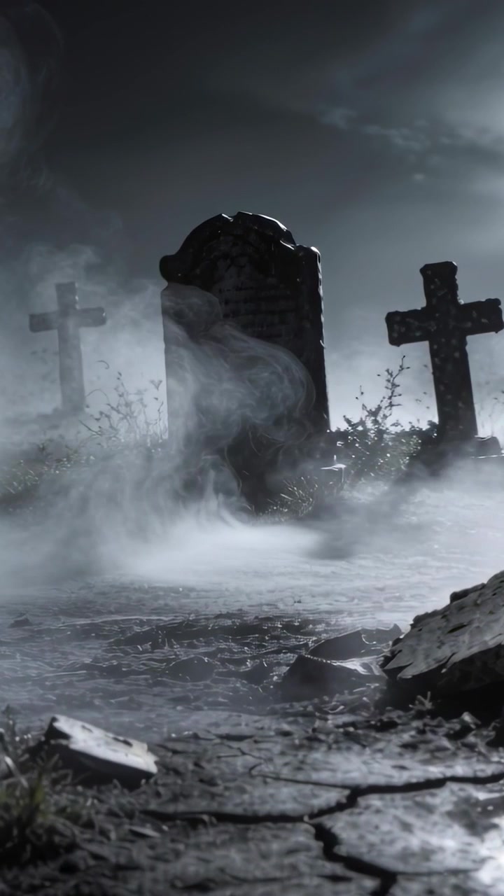 Video verticale: Brezza che muove la nebbia, nebbia che avvolge una lapide in un cimitero, con croci in silhouette.
