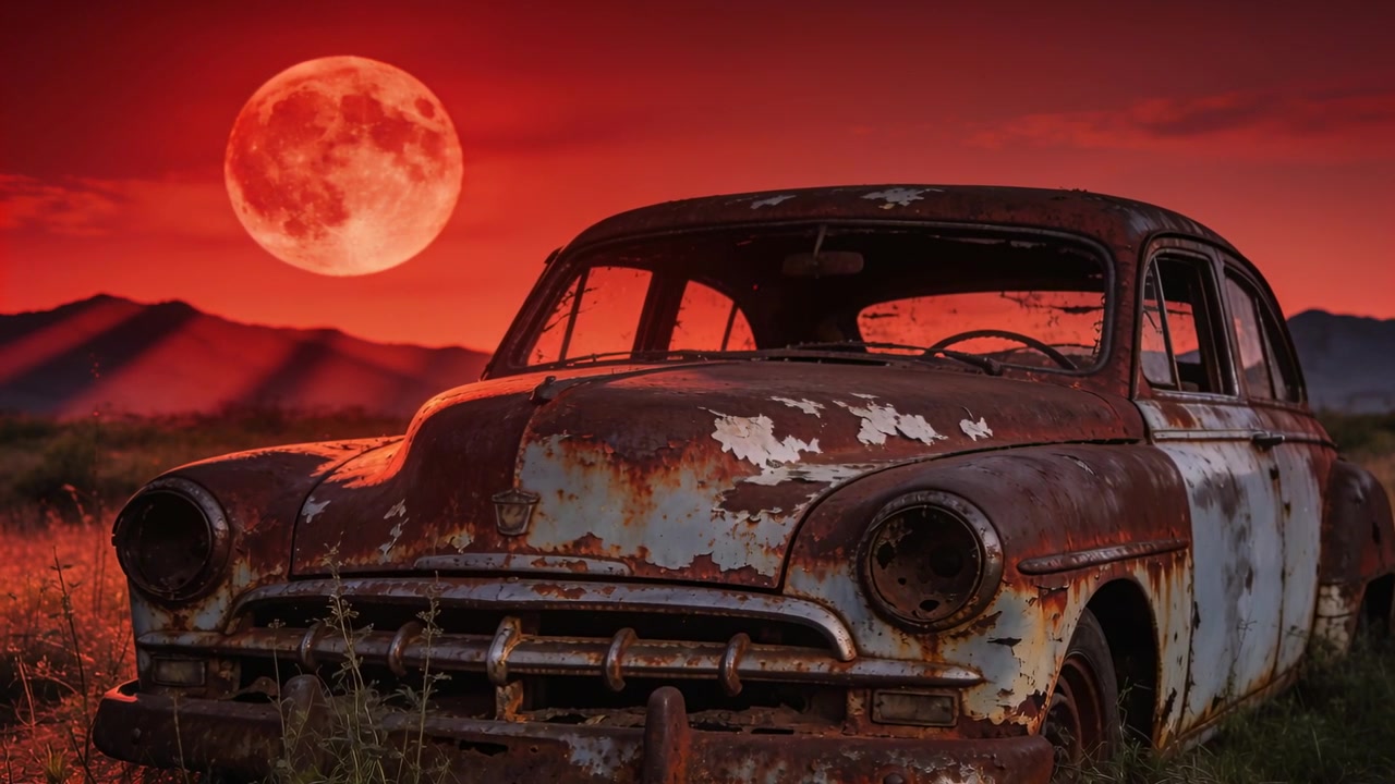 Ein pulsierender Vollmond wirft rotes Licht über einen verrosteten Oldtimer-Personenwagen auf einem grasbewachsenen Feld in der Dämmerung.