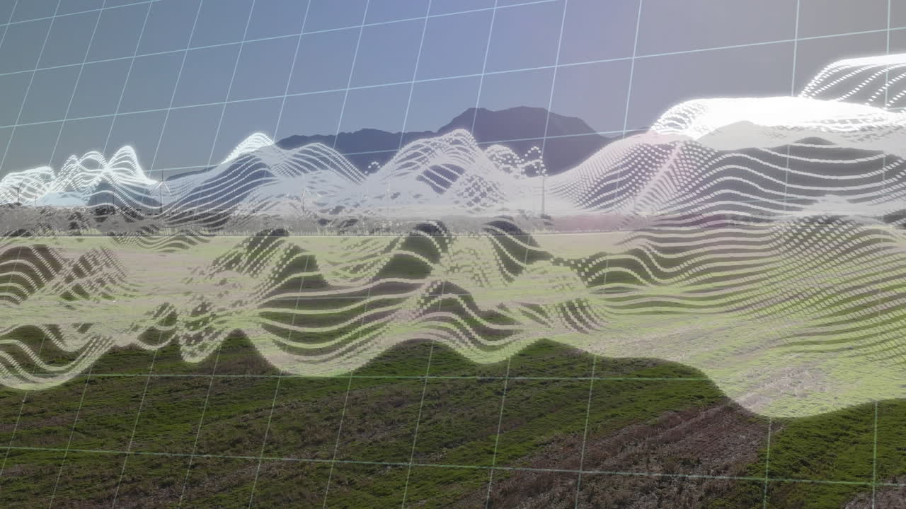 Digital wave animation overlaying grid pattern on mountain landscape scenery