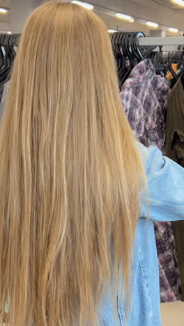 rear view of a young woman shopping in a thrift store cheap shop shop discounts rear view of a young woman shopping in a thrift store cheap shop not expensive clothes used clothes
