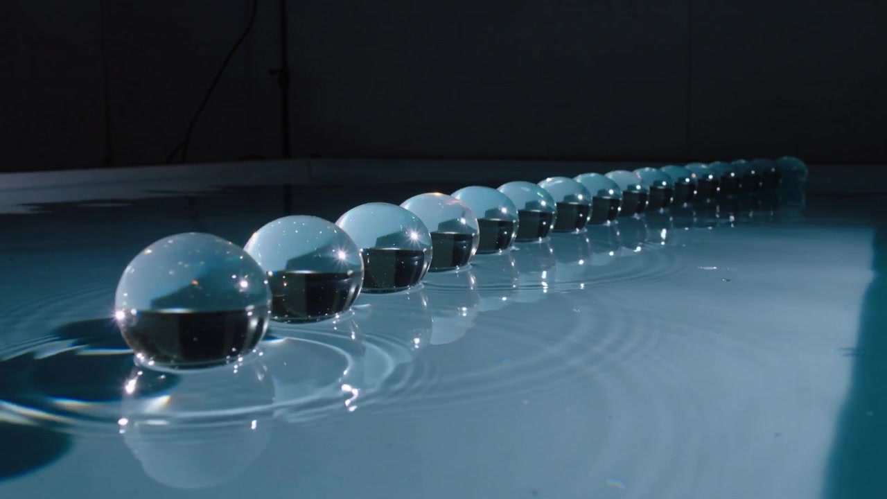 Responding to brief disturbance, row of crystal spheres sending ripples across glossy tray for demo