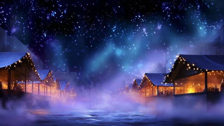 Betagende natscene med oplyste markedsboder i en tåget atmosfære, med en stjernefyldt himmel og glimtende lys, der skaber en magisk stemning. Perfekt til at fremkalde følelser af undren og nostalgi i festlige perioder.
