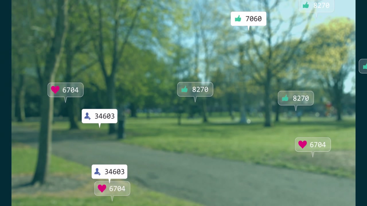 Live feed starting heart icons appearing over park path, skipping walkers, guiding marketing