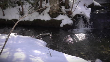 Schneebedecktes-Schmelzwasser-Stürzt-In-Zeitlupe-In-Einen-Bach