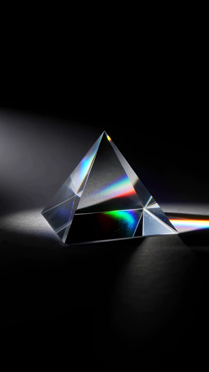 Prisma transparente repousa sobre fundo preto enquanto a luz brilhante passa por superfícies angulares, produzindo destaques de arco-íris variáveis, reflexos nítidos e contraste dramático em composição minimalista.
