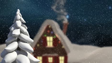 Animation-of-winter-scenery-with-decorated-house-on-blue-background