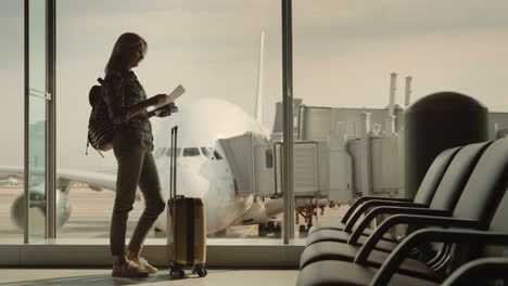 silueta de una mujer con documentos de embarque de pie en la ventana de la terminal fuera de la ventana ab