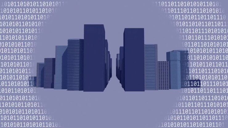 Animation of binary coding data processing over 3d cityscape