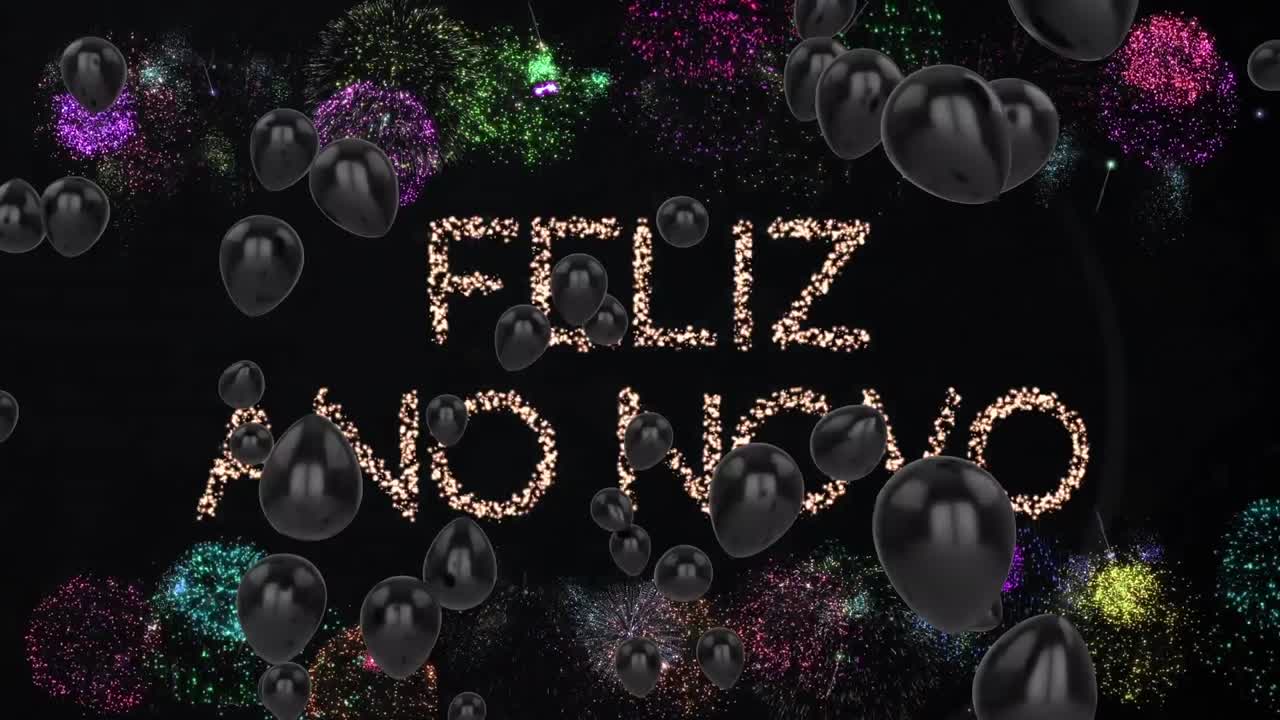 Diversi palloncini che fluttuano sopra il testo Feliz Ano Novo con fuochi d'artificio che esplodono su sfondo nero