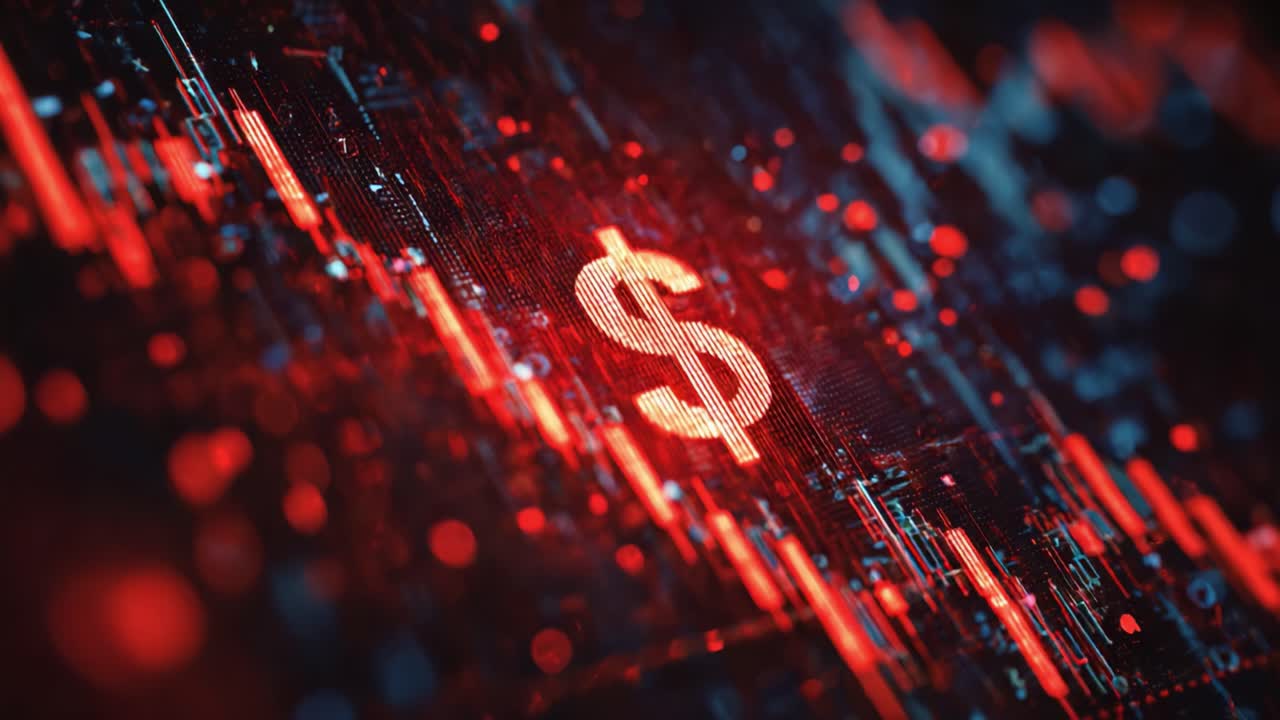 Dynamic Financial Visualization Featuring a Red Dollar Symbol on a Data-Driven Background, Highlighting Currency Trends and Market Fluctuations with a Vivid Aesthetic